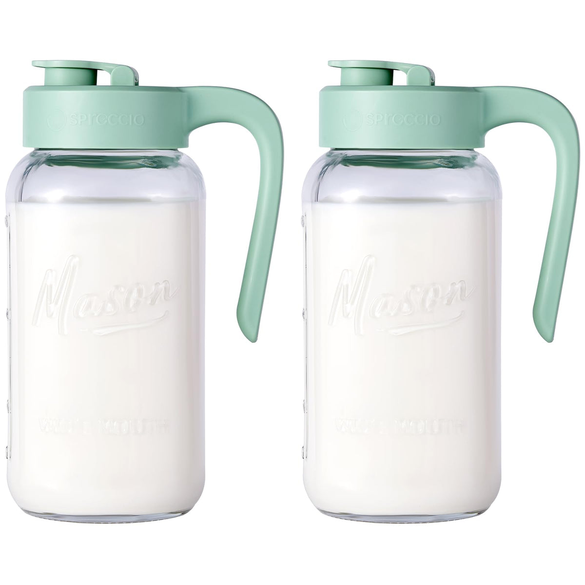 Spreccio Mason Jar Pitcher con tapa de boca ancha, vertido limpio y sin derrames.