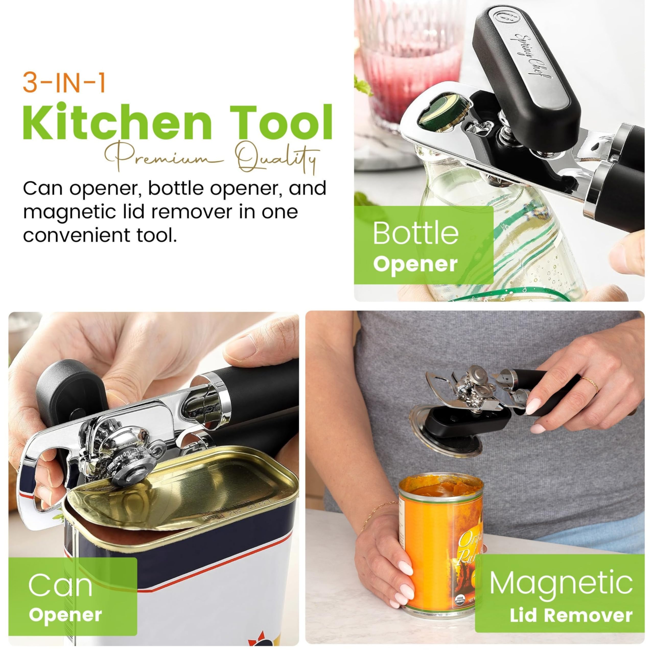Spring Chef abrelatas con abrebotellas integrado para ahorrar espacio en la cocina