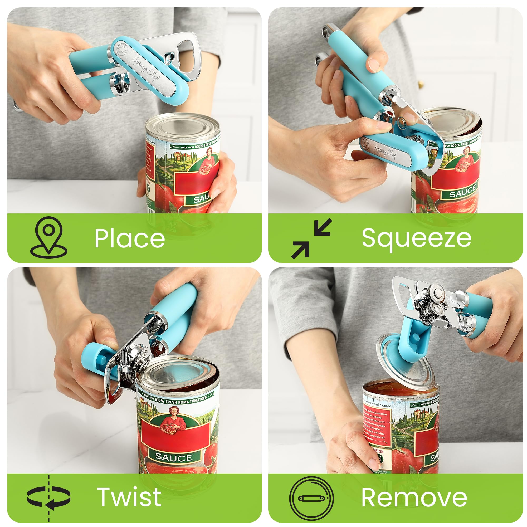 Spring Chef abrelatas de acero inoxidable duradero para uso prolongado