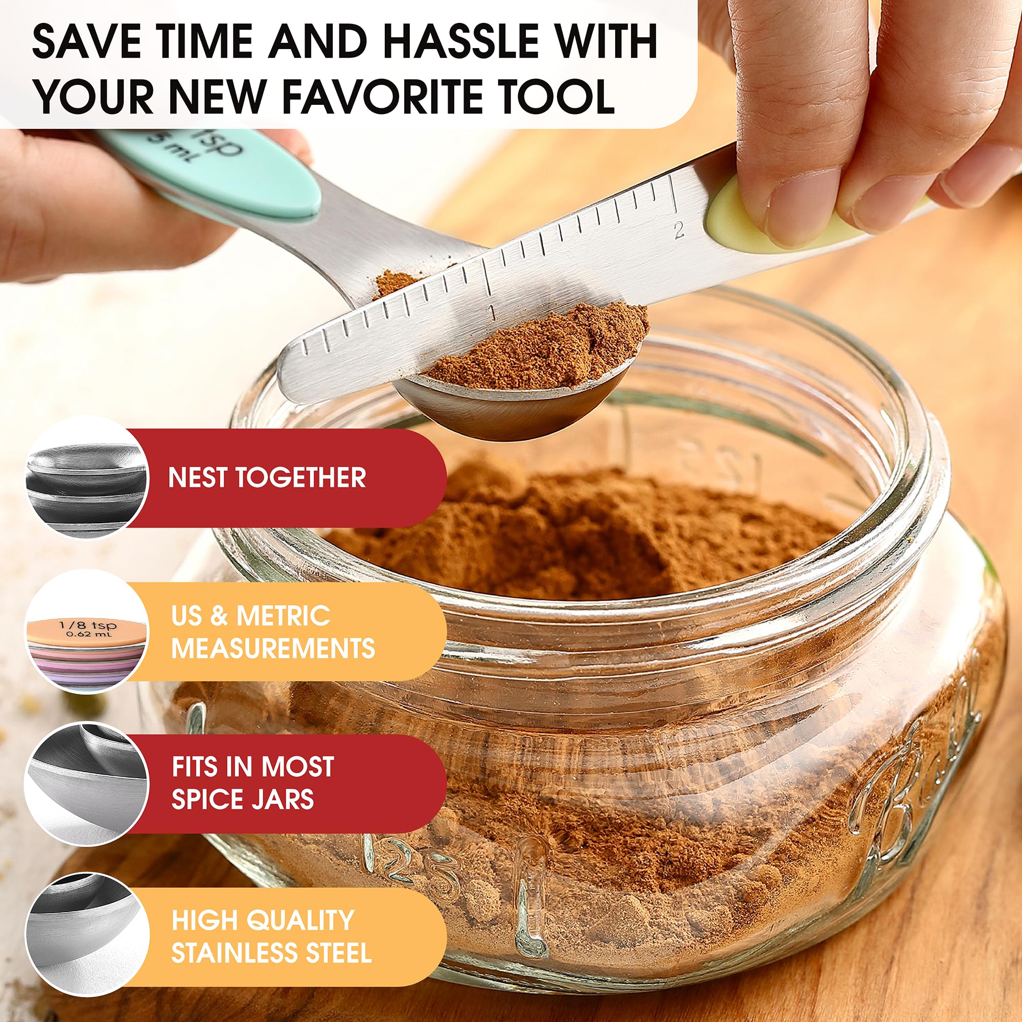 Spring Chef acero inoxidable resistente, cucharas medidoras duraderas para uso diario.