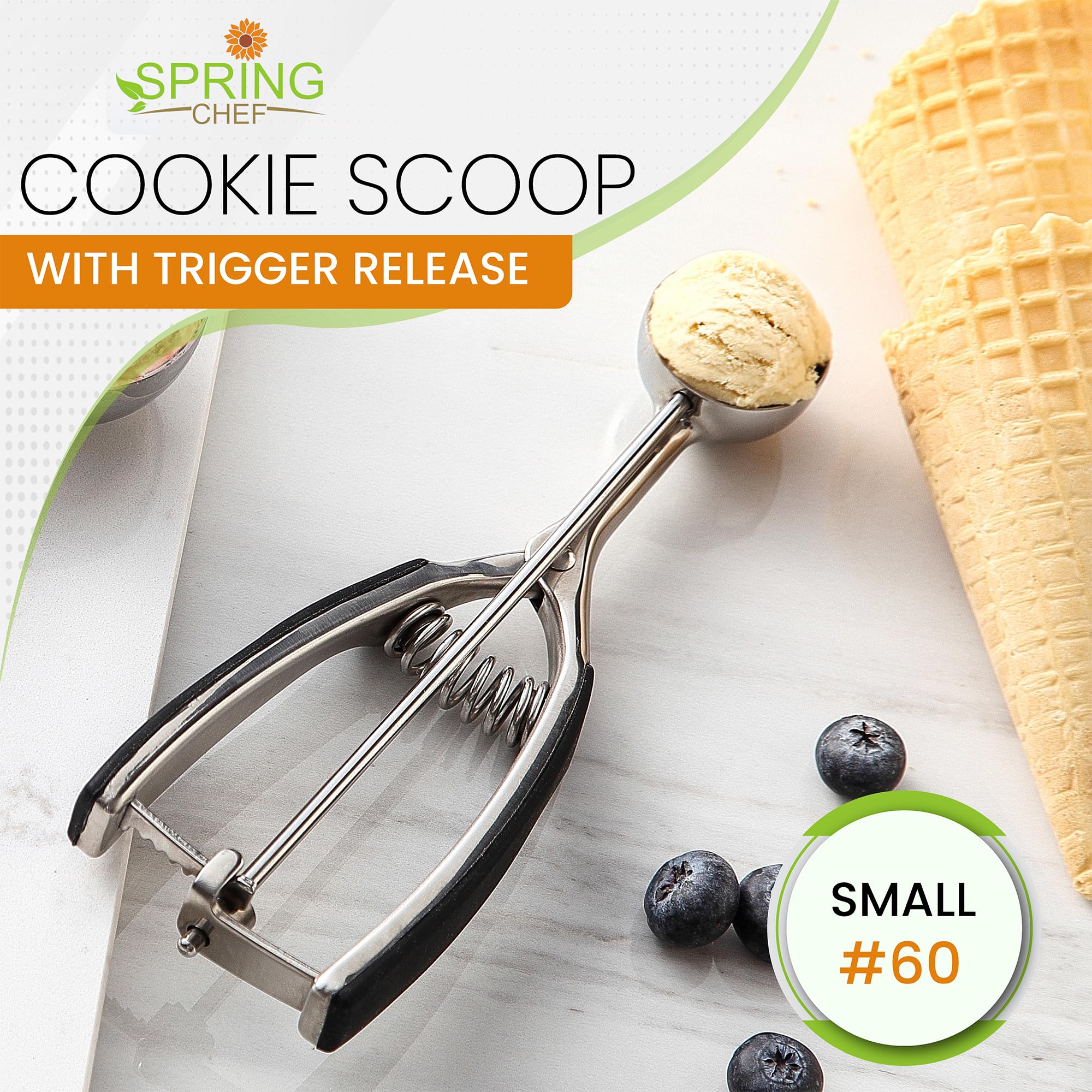 Spring Chef Cookie Scoop con disparador facilita soltar la masa sin esfuerzo.