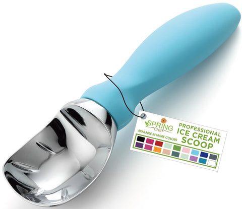 Spring Chef cuchara-helado azul aqua, ideal para porciones uniformes en conos.