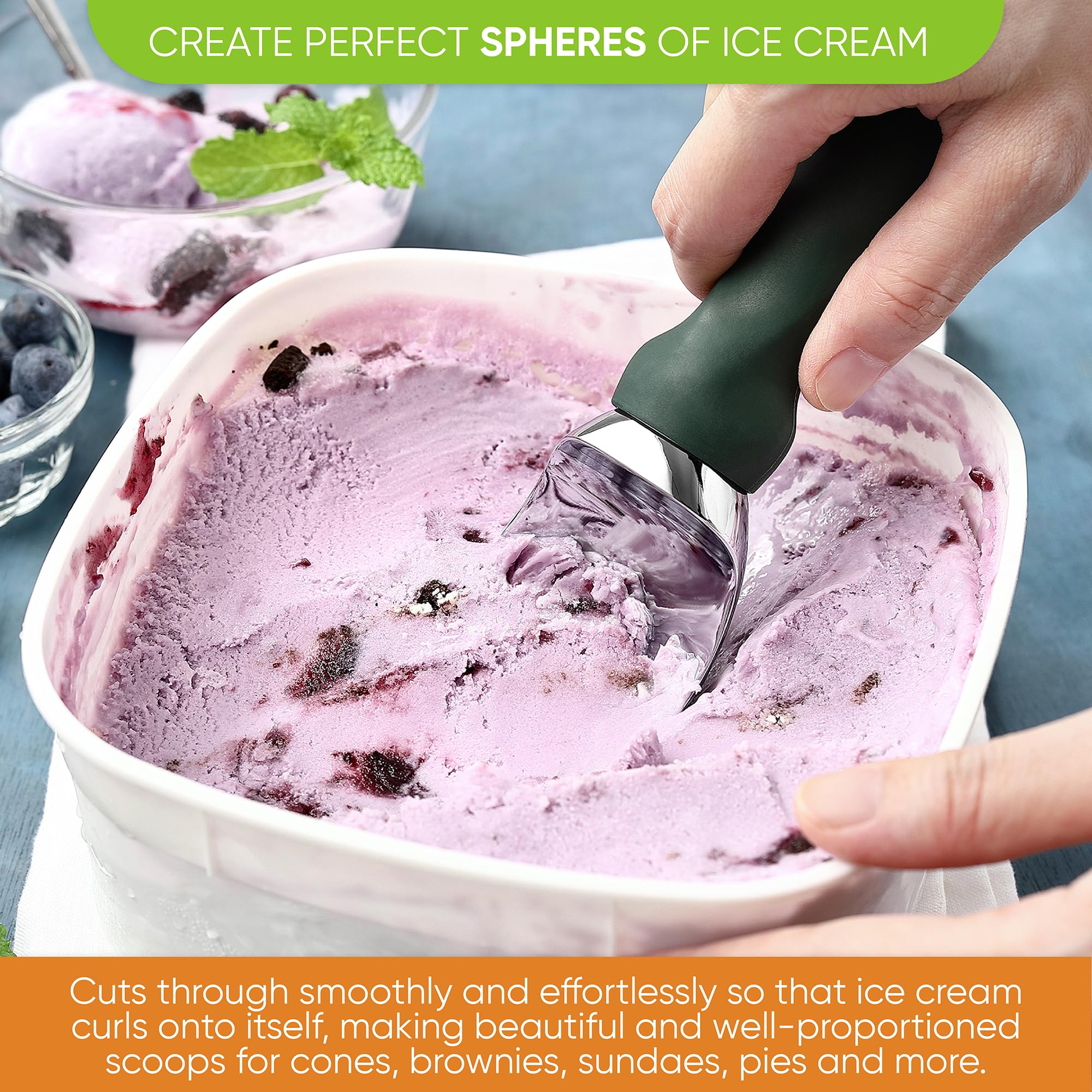 Spring Chef cuchara helado con curva eficiente para extraer helado de esquinas.