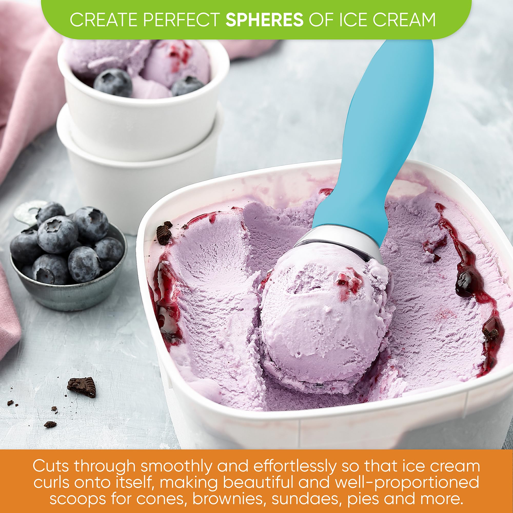 Spring Chef cuchara-helado curva que crea bolas bonitas y equilibradas.