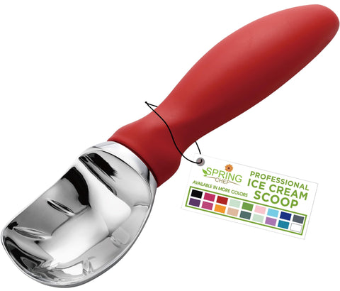 Spring Chef cuchara helado ergonómica roja para porciones uniformes.