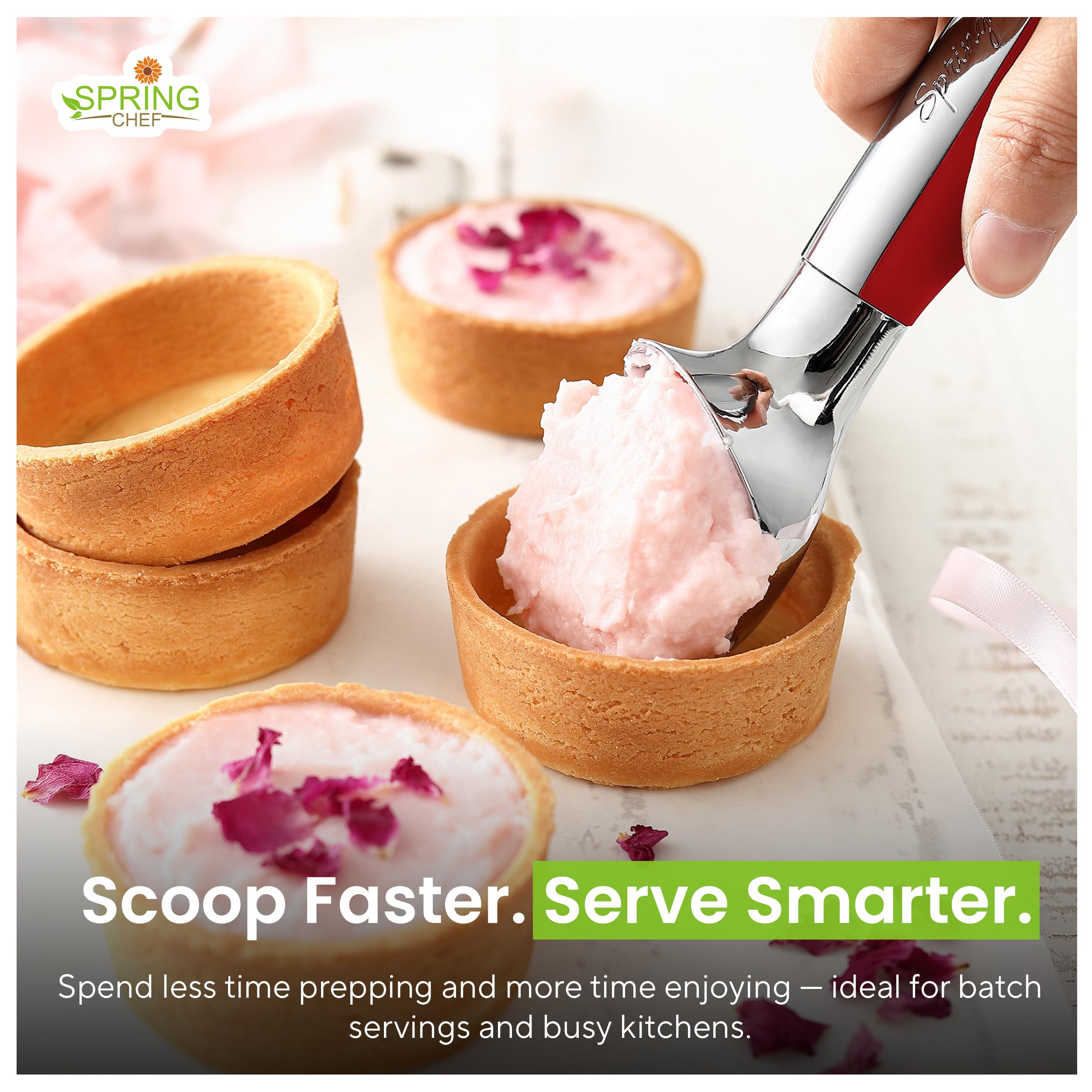 Cuchara de helado Spring Chef con manija anticongelante para mayor comodidad.