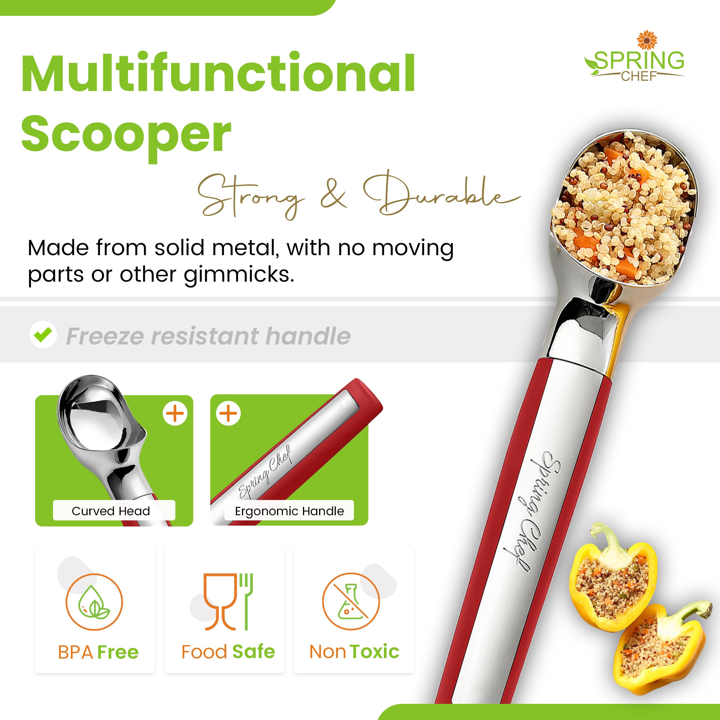 Cuchara de helado Spring Chef con usos multifuncionales para galletas y melón.