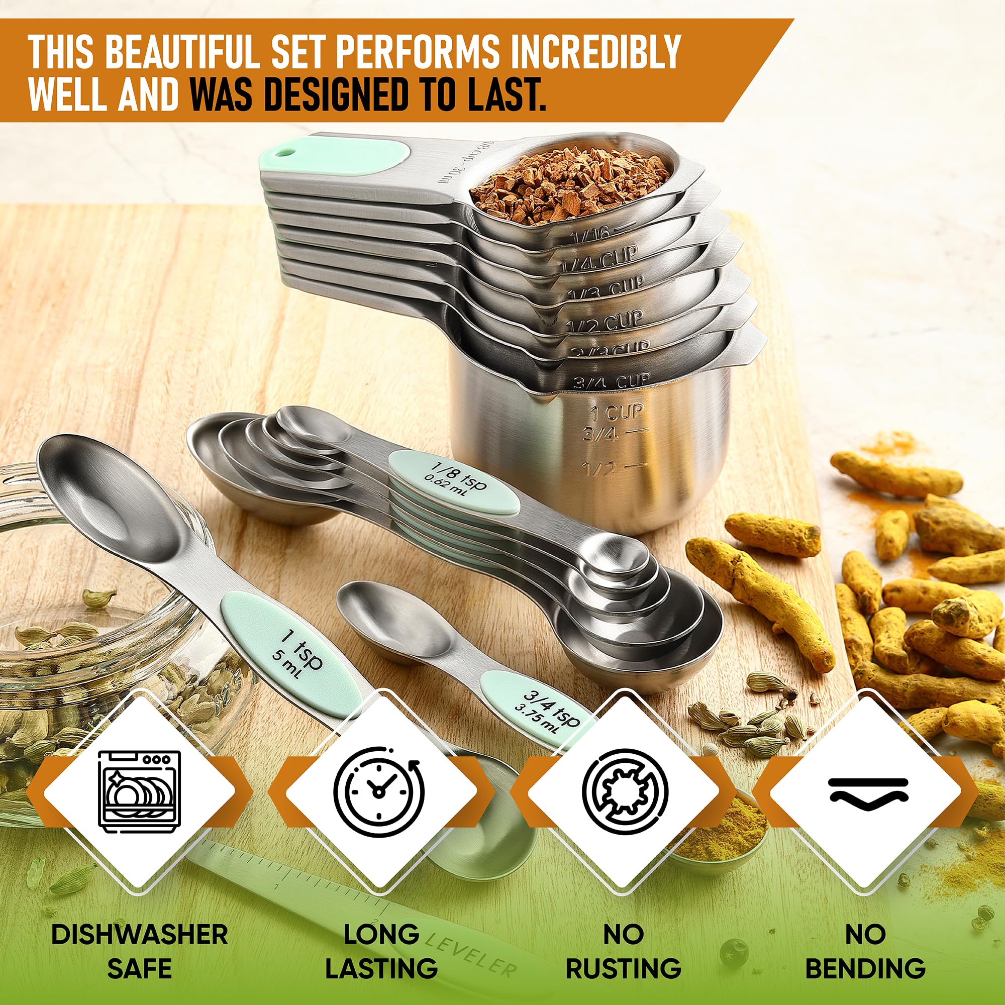 Spring Chef cucharas de medición magnéticas, diseño compacto para ahorro de espacio.