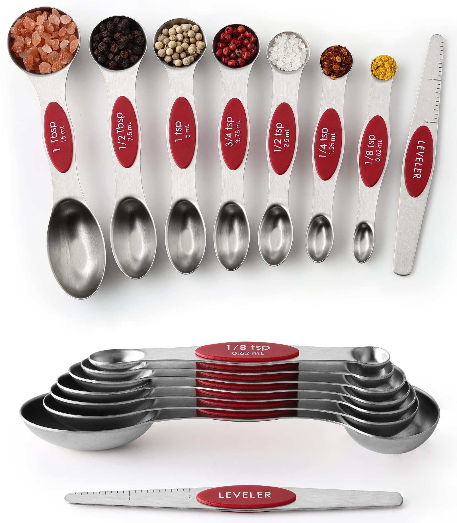Spring Chef juego de cucharas medidoras magnéticas de 8 piezas, acero inoxidable, aptas para hornear.