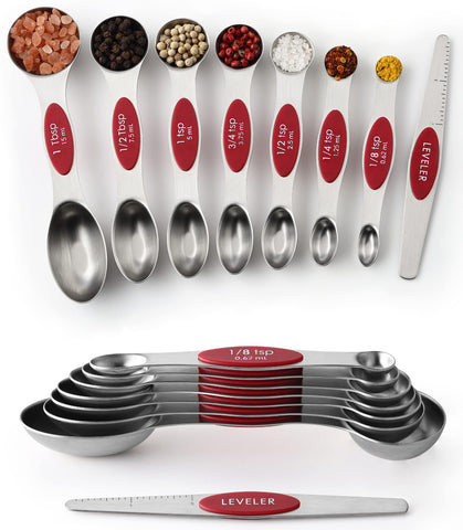 Spring Chef juego de cucharas medidoras magnéticas de 8 piezas, acero inoxidable, aptas para hornear.