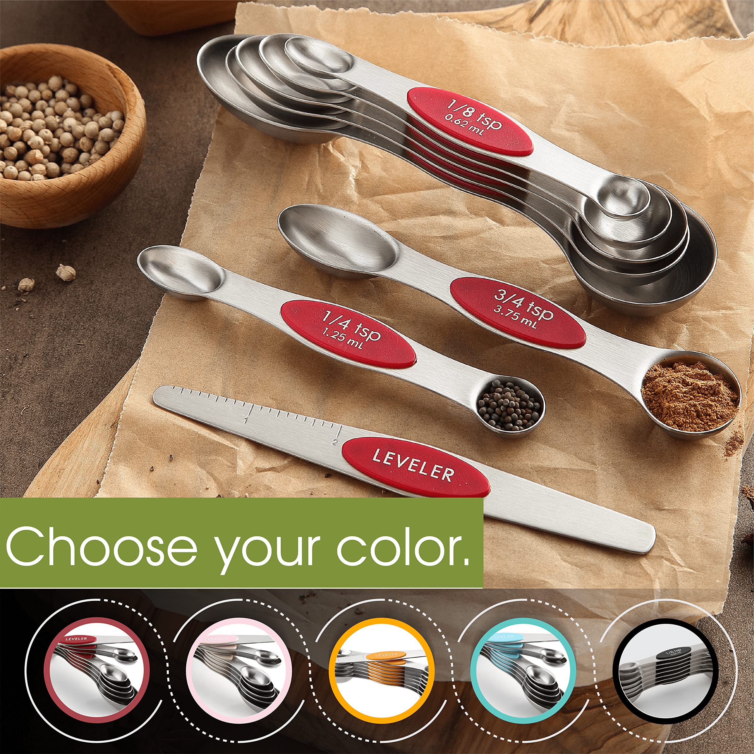 Diseño apilable de cucharas medidoras Spring Chef para almacenamiento compacto.