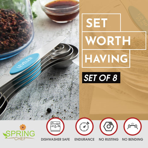 Cucharas magnéticas Spring Chef unidas para almacenamiento rápido en la cocina.
