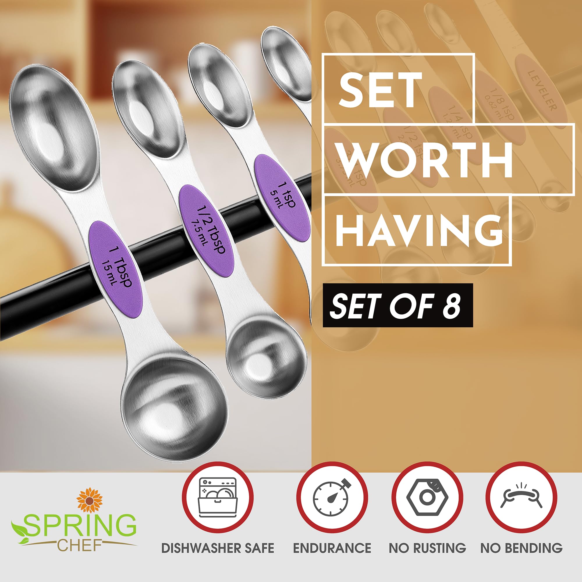 Spring Chef juego de cucharas medidoras magnéticas anidadas para guardado compacto.