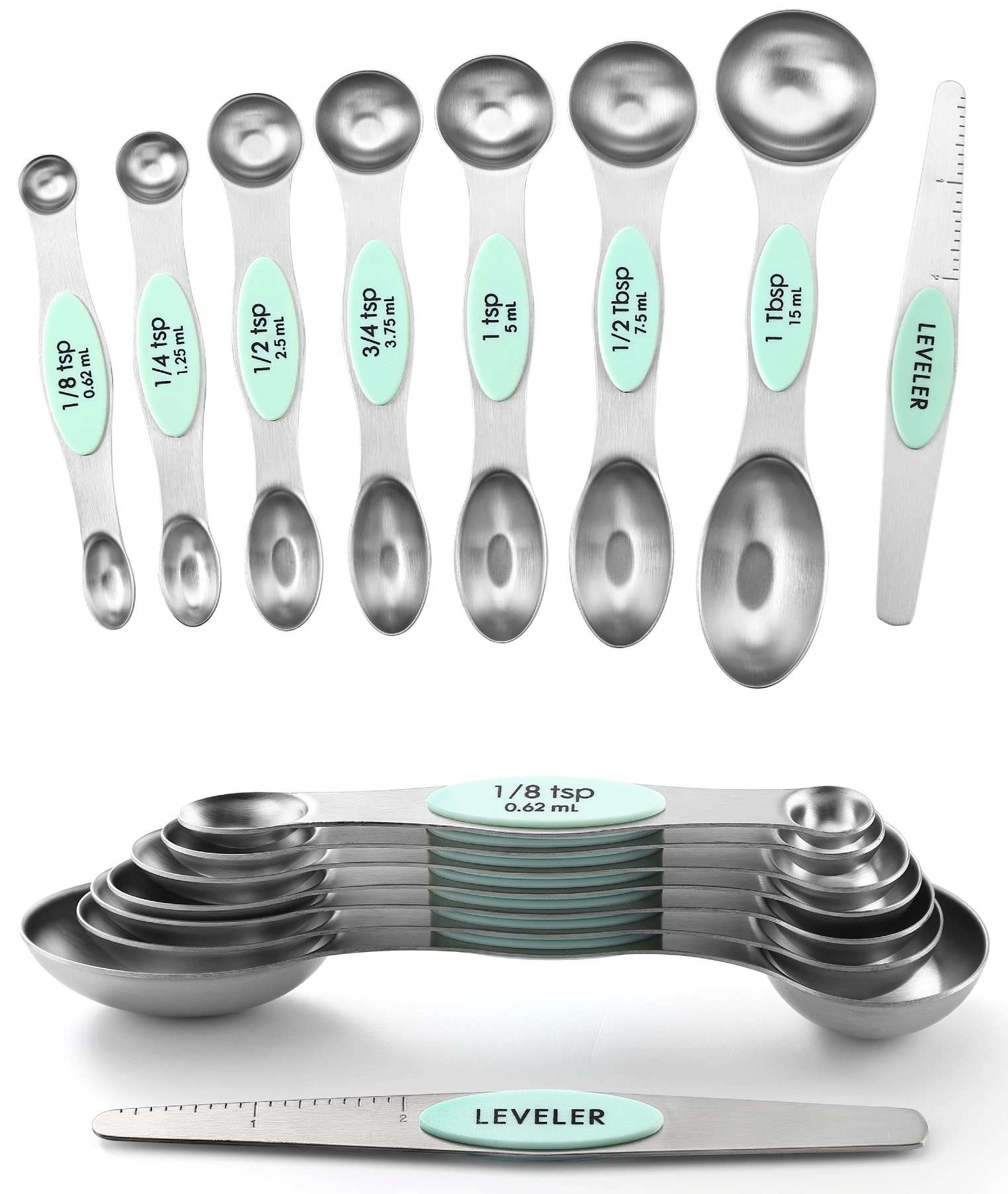 Spring Chef: frontal de juego de cucharas medidoras magnéticas en color menta, almacenamiento ordenado.