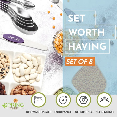 Spring Chef juego compacto de cucharas magnéticas moradas apilables para ahorrar espacio.