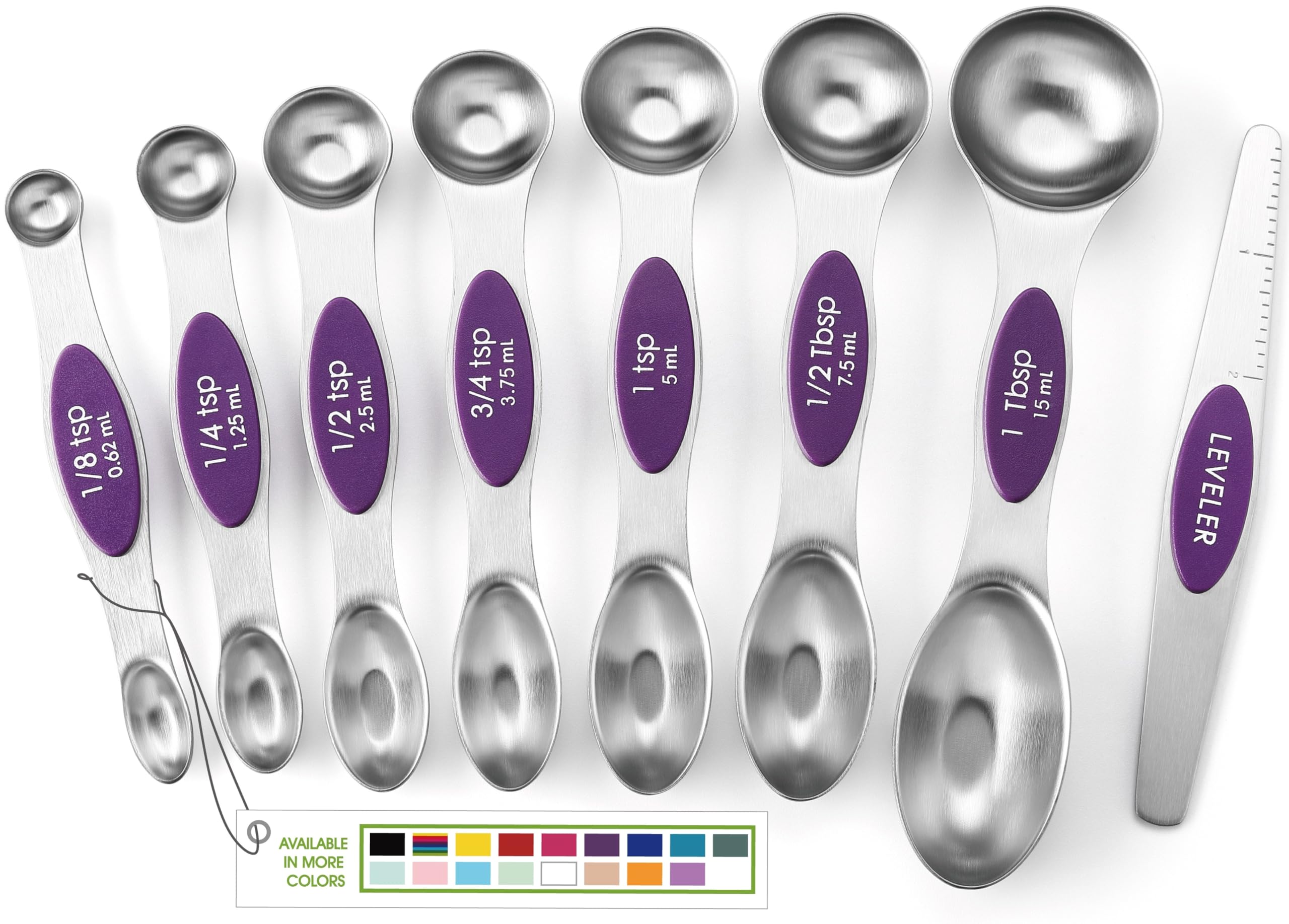 Spring Chef cucharas medidoras magnéticas moradas con nivelador para mediciones precisas.