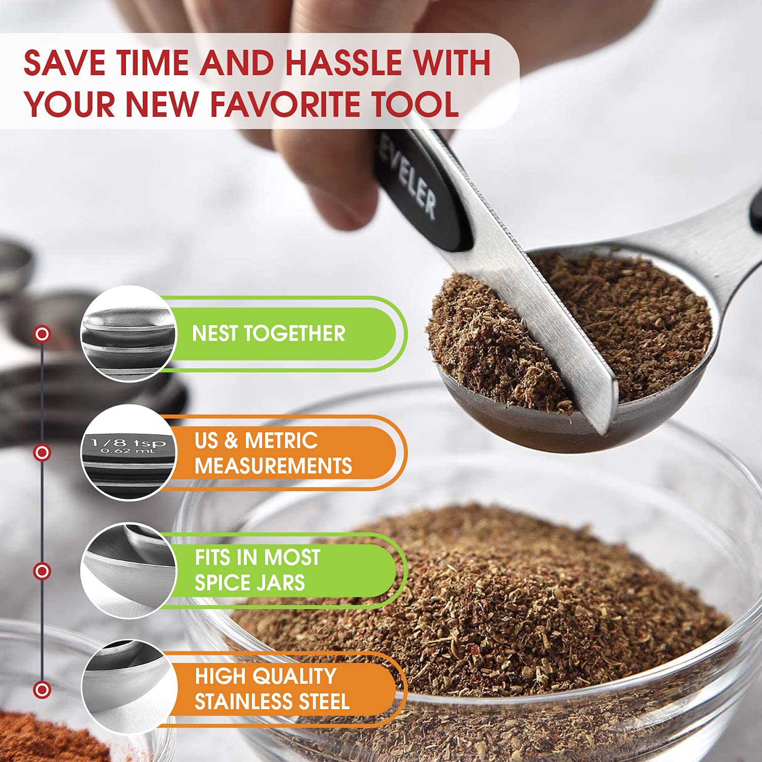 Niveladores incluidos para medir con precisión, marca Spring Chef