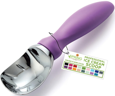 Cucharón de helado Spring Chef en metal, vista frontal, diseño robusto para uso diario.