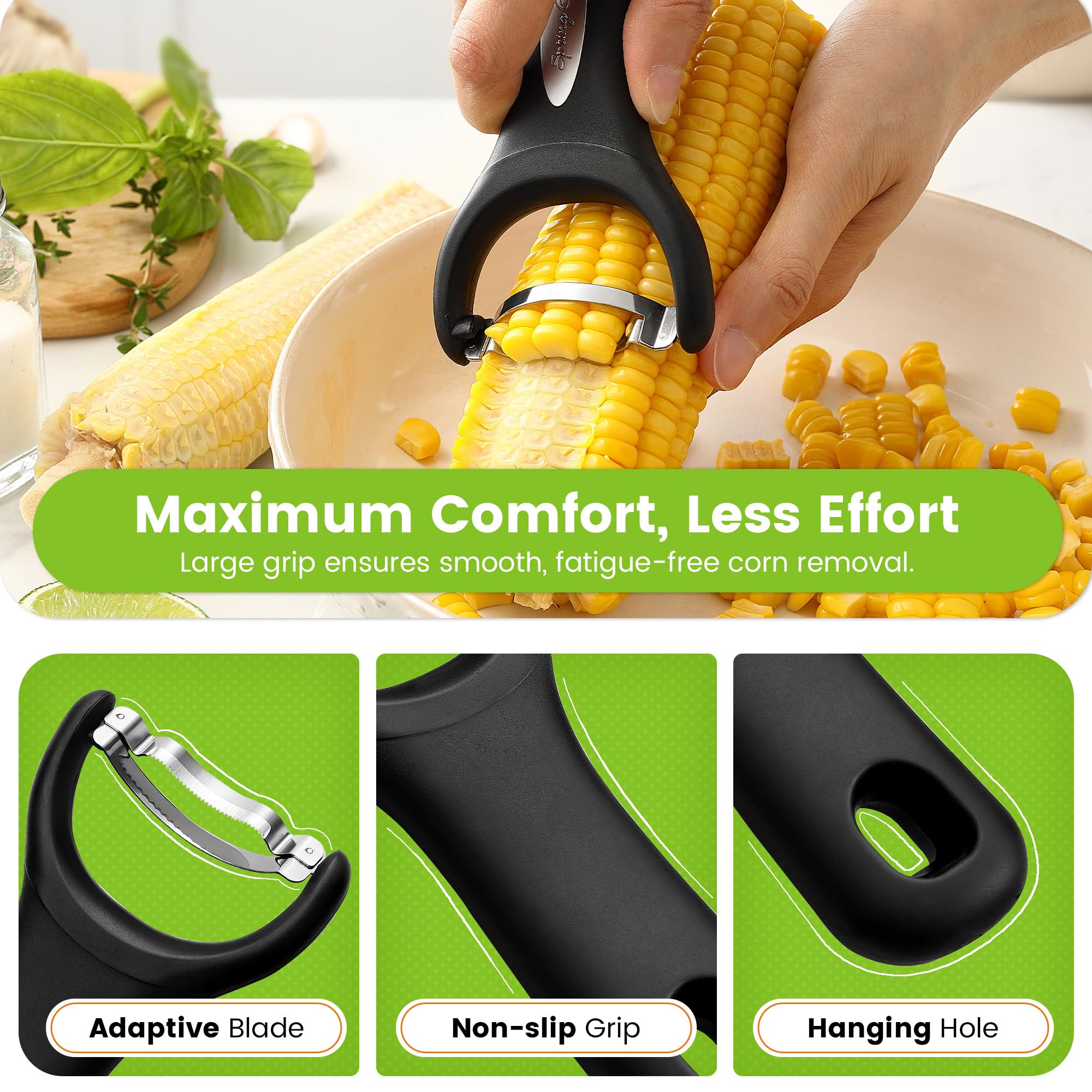 Mango ergonómico de Spring Chef, agarre cómodo para sesiones largas en la cocina.