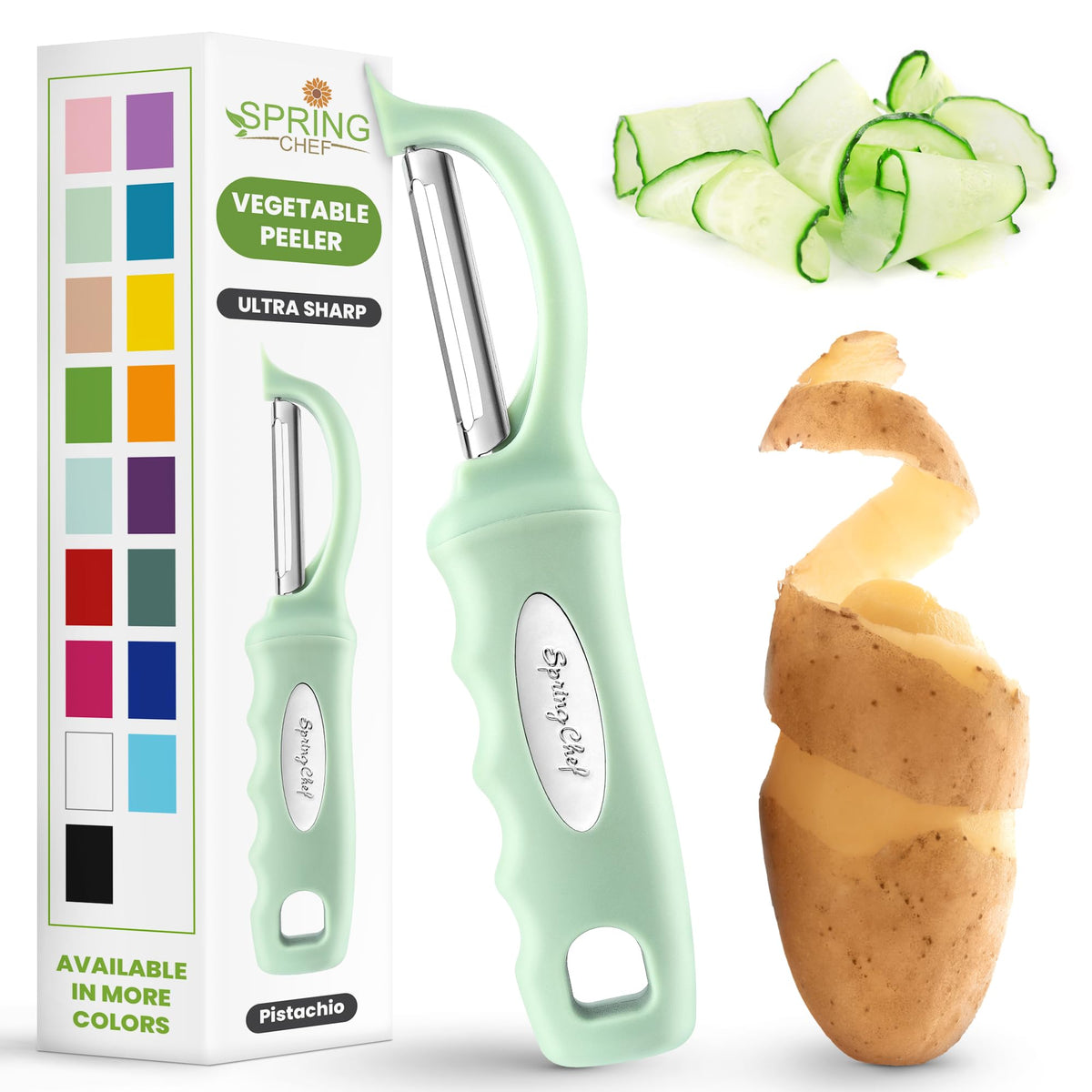 Spring Chef Pelador Giratorio Pistacho con mango ergonómico para pelar rápido y preciso