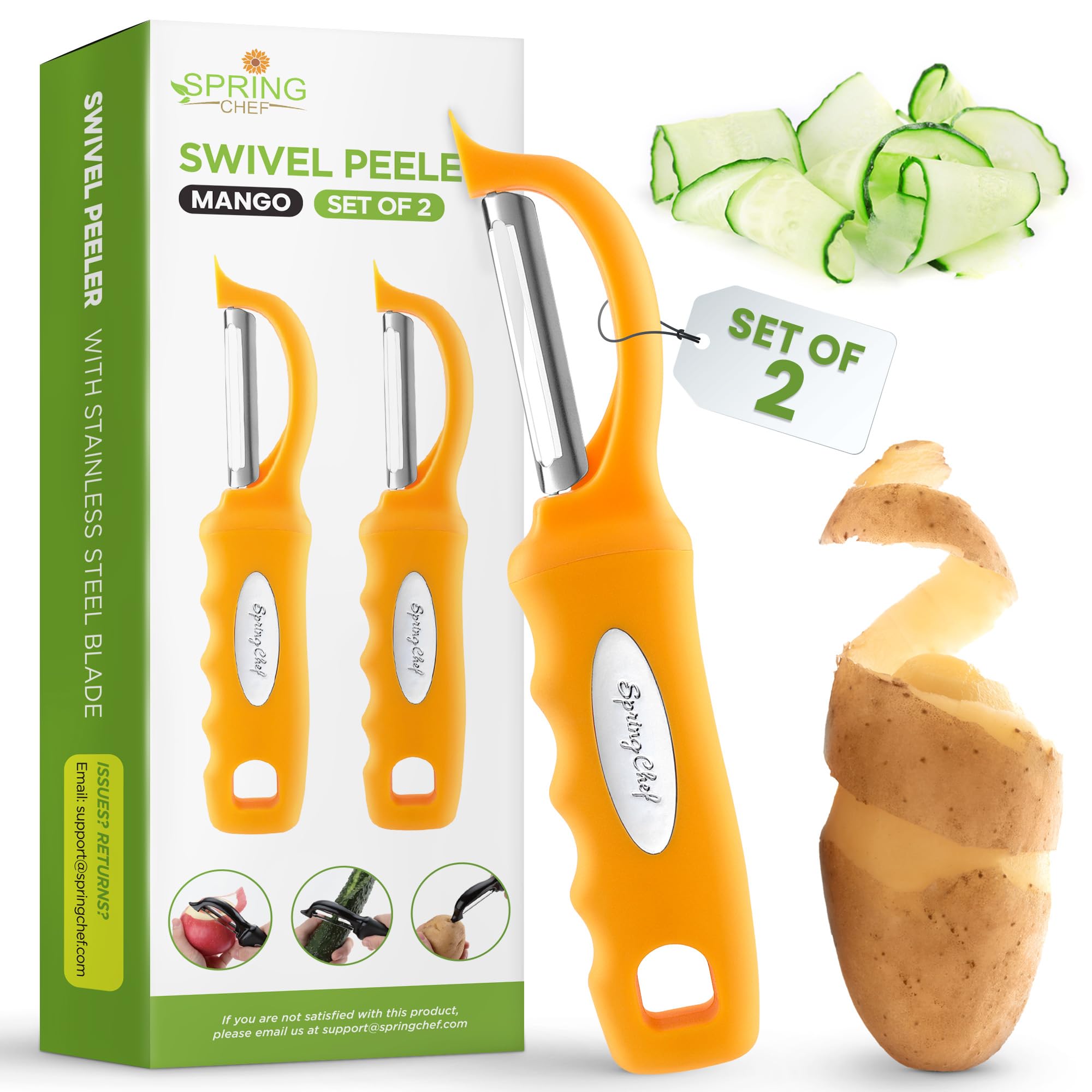 Spring Chef pelador de papas con giro doble en acero inoxidable para uso diario.