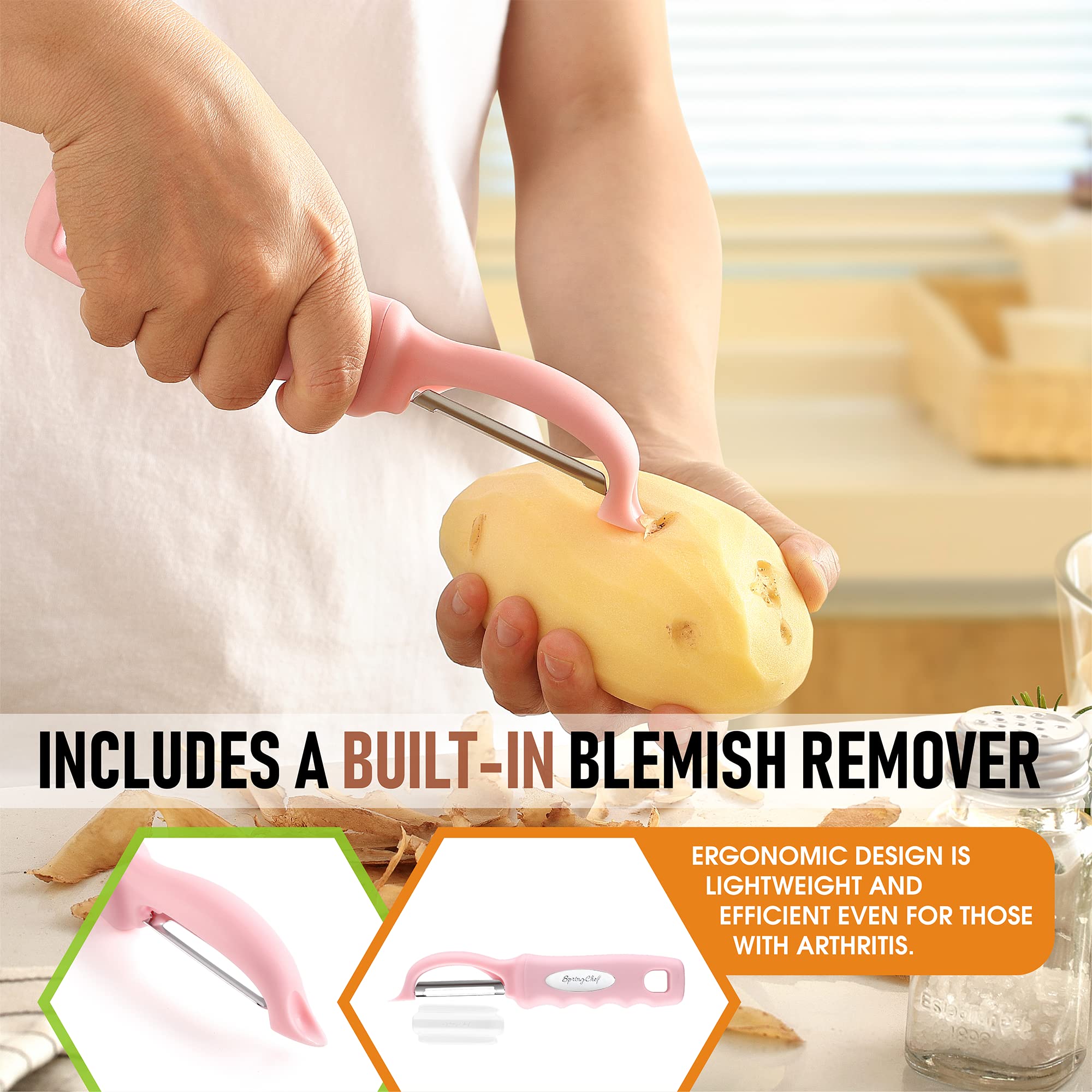 Spring Chef pelador con ranura para eliminar imperfecciones, pelado uniforme.