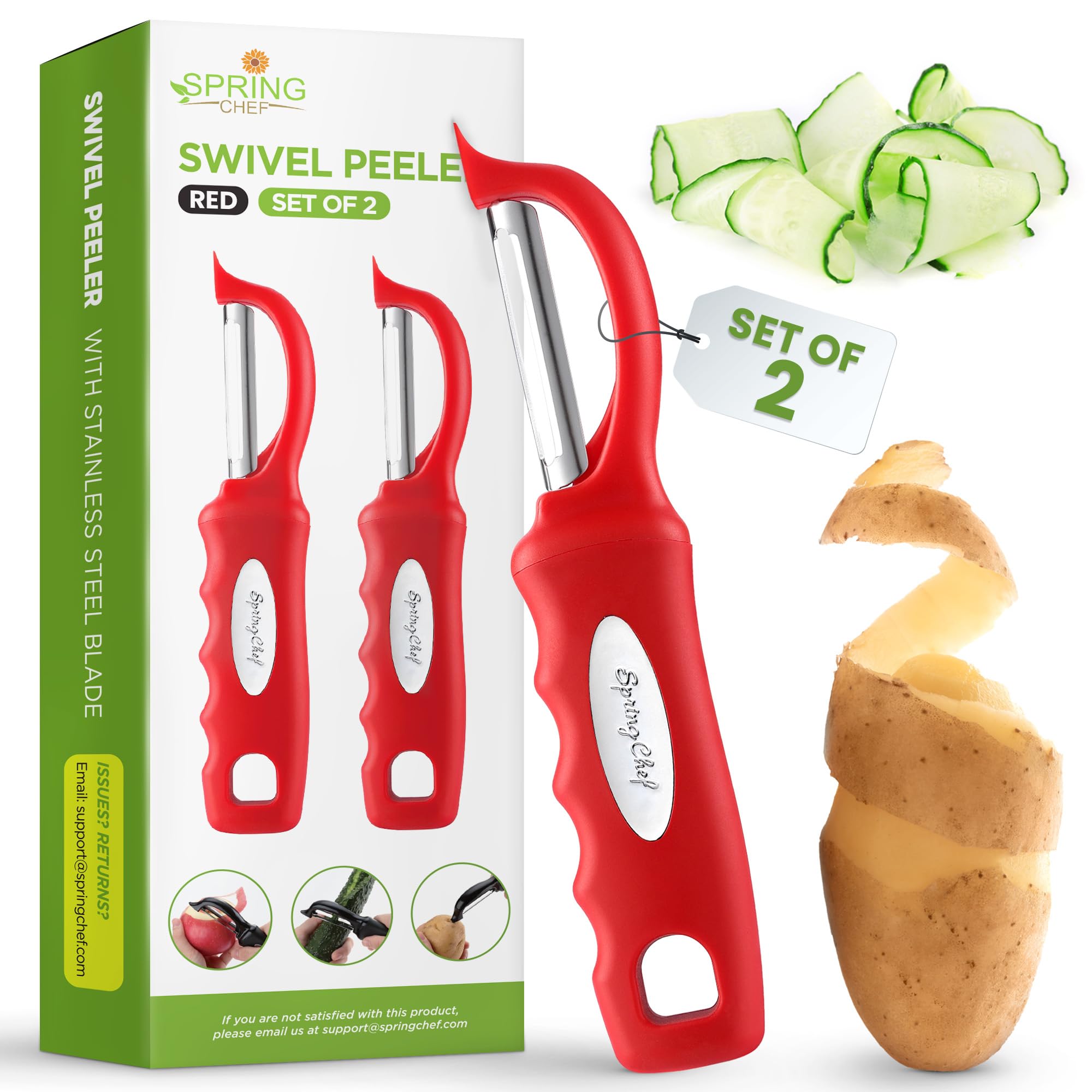 Spring Chef pelador rosado giratorio para verduras, pelado suave y preciso.