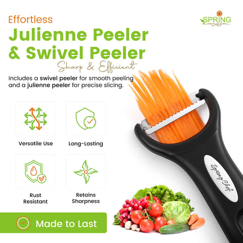 Spring Chef pelador de vegetales giratorio con mango suave para mayor comodidad.