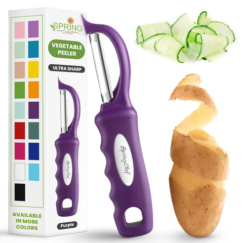 Spring Chef pelador de vegetales morado giratorio para pelado suave y preciso.