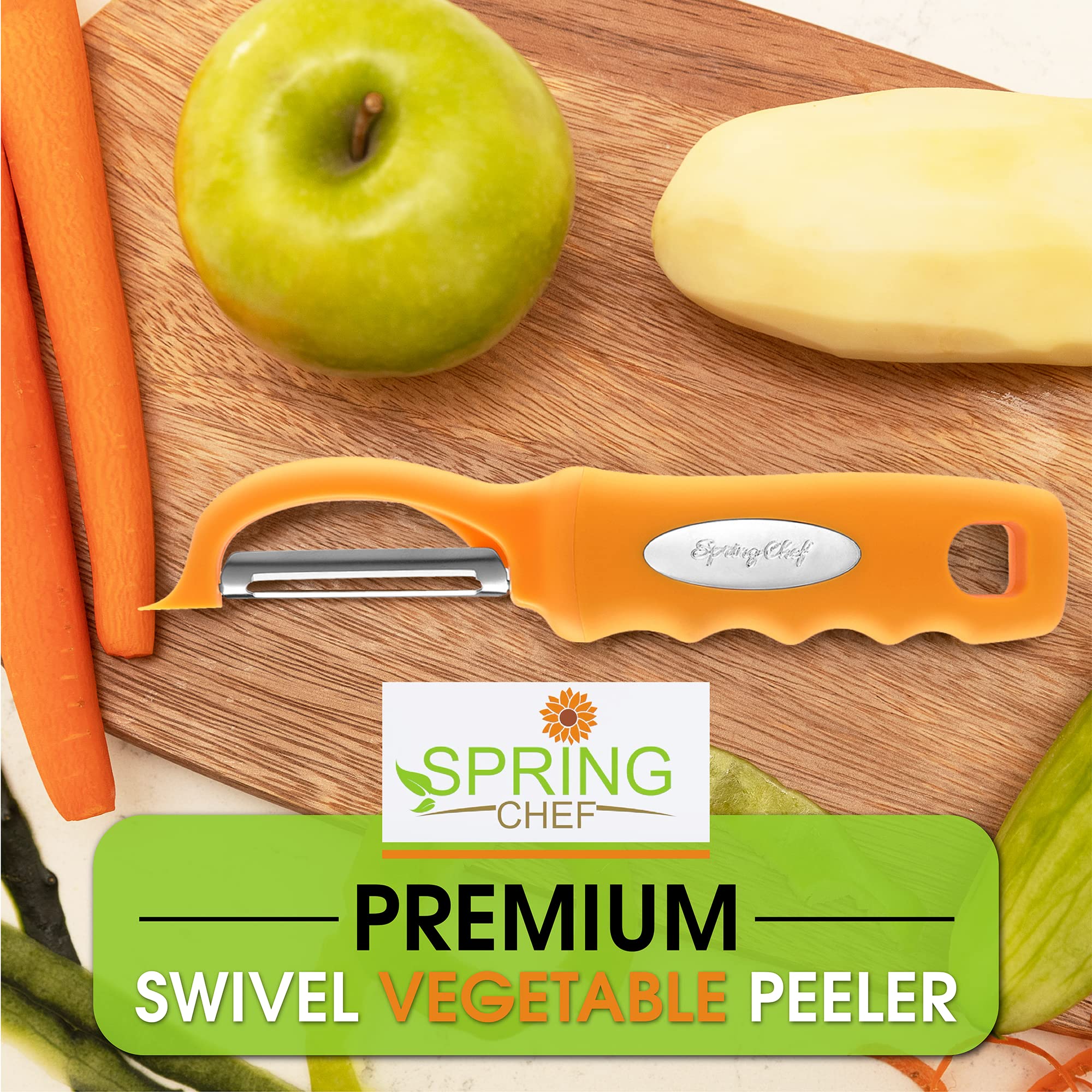 Spring Chef pelador diseño ergonómico que reduce esfuerzo en uso prolongado.