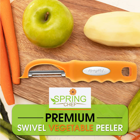 Spring Chef pelador diseño ergonómico que reduce esfuerzo en uso prolongado.