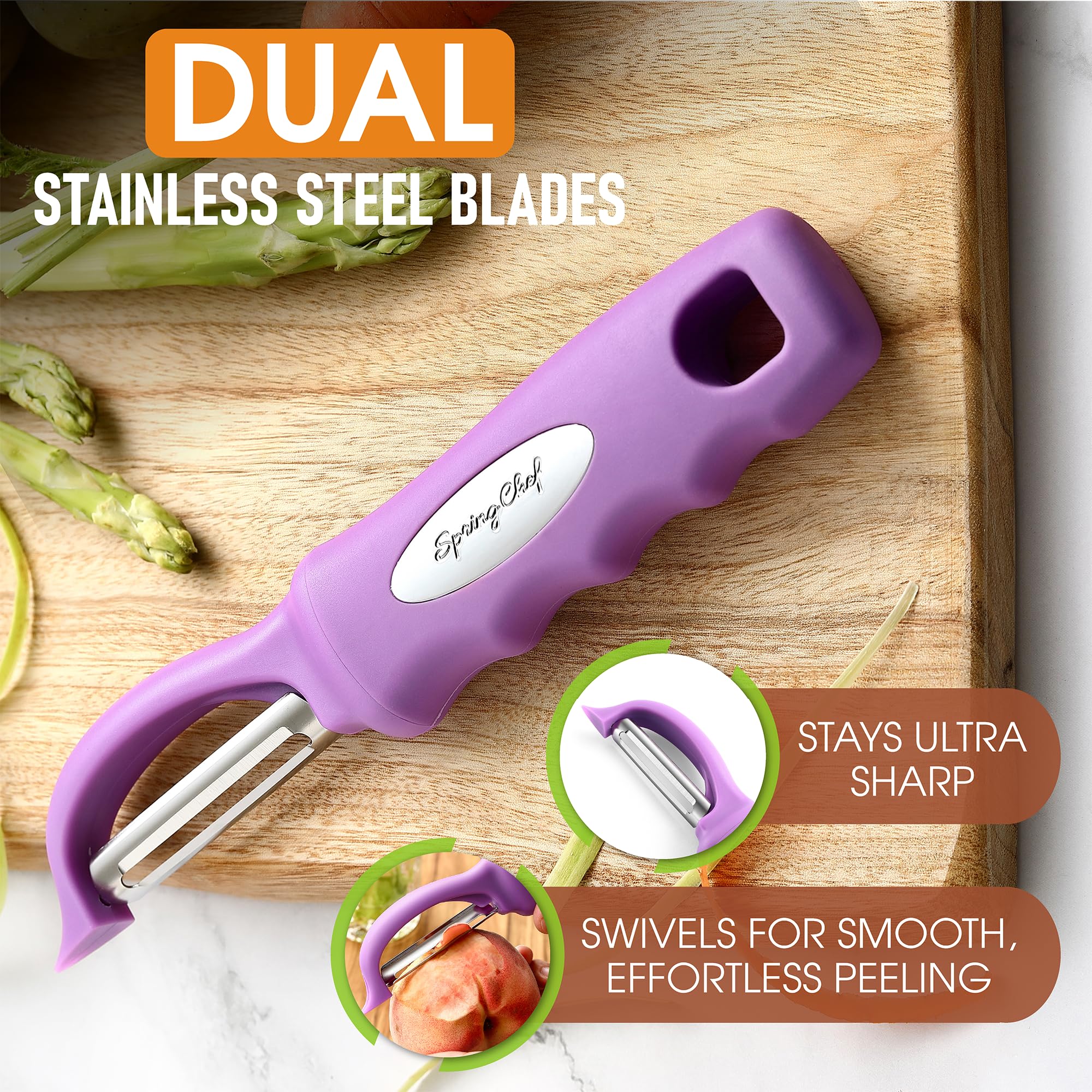 Spring Chef pelador con cuchilla de acero inoxidable ultra afilada para cortes precisos