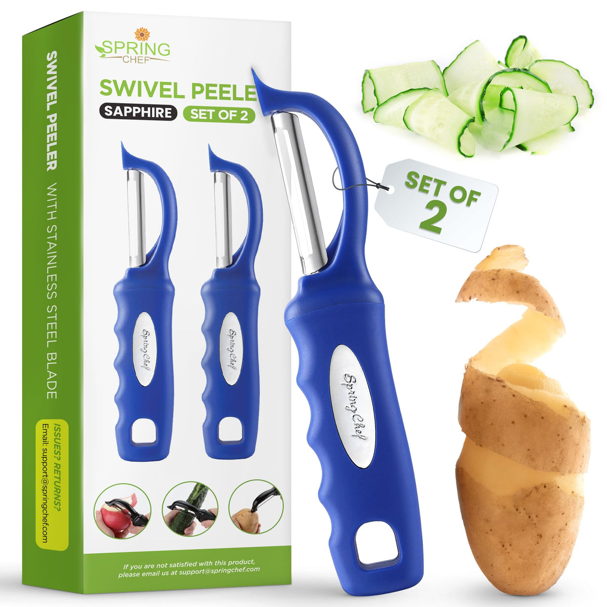 Spring Chef pelador de verduras con giro en acero inoxidable para pelar con precisión.