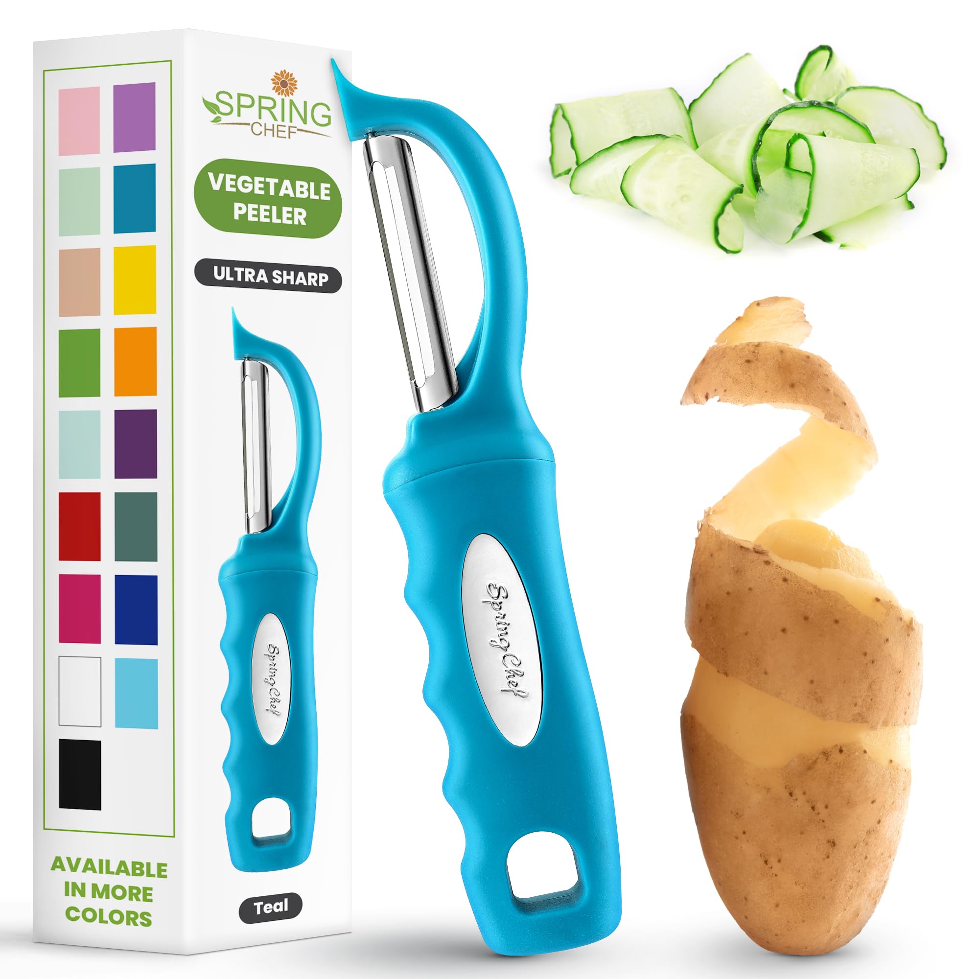 Spring Chef pelador de verduras con giro ergonómico facilita pelado preciso.