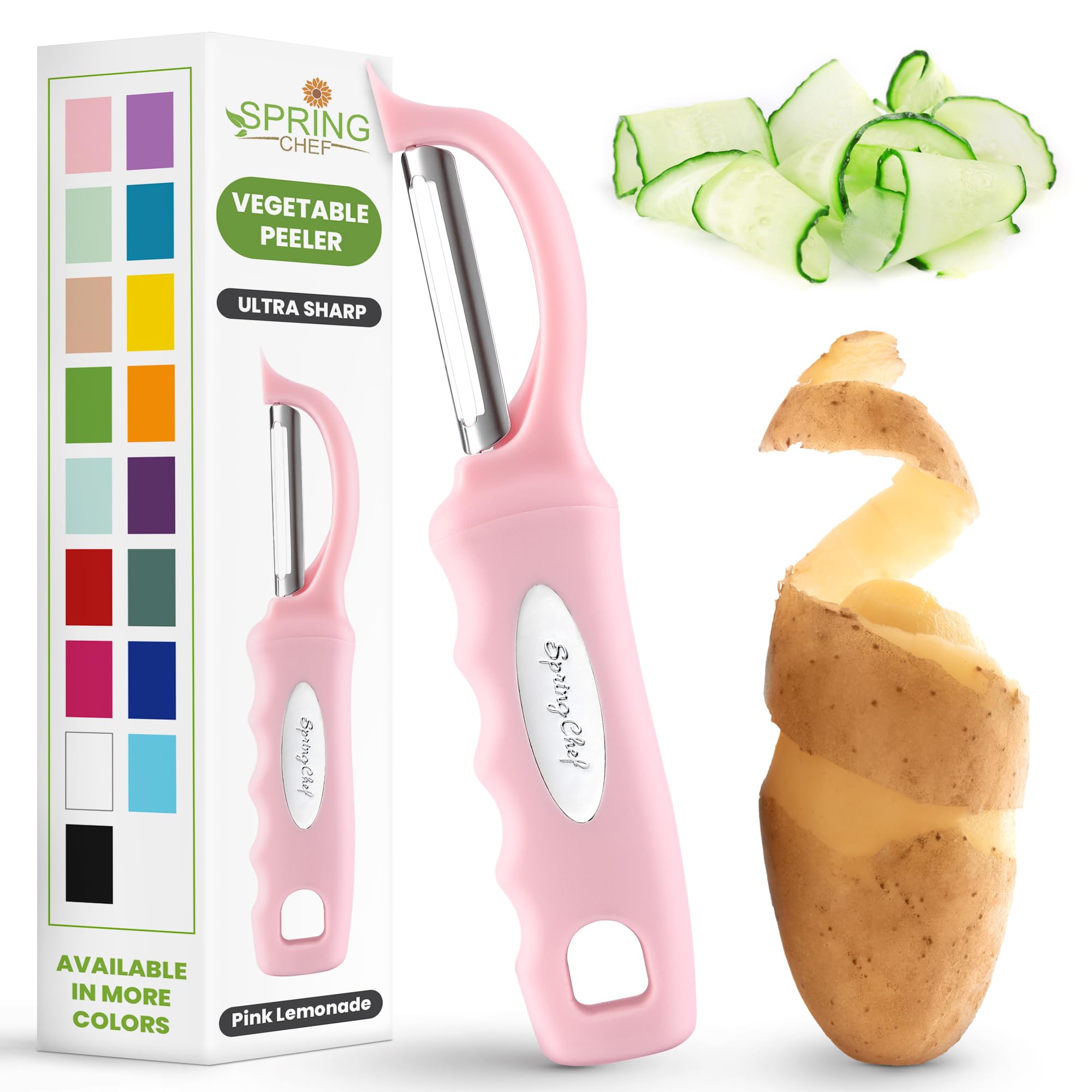 Spring Chef pelador giratorio para verduras con mango rosa limonada, uso cómodo.