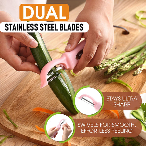Spring Chef pelador para frutas con giro suave, ideal para pelar con precisión.