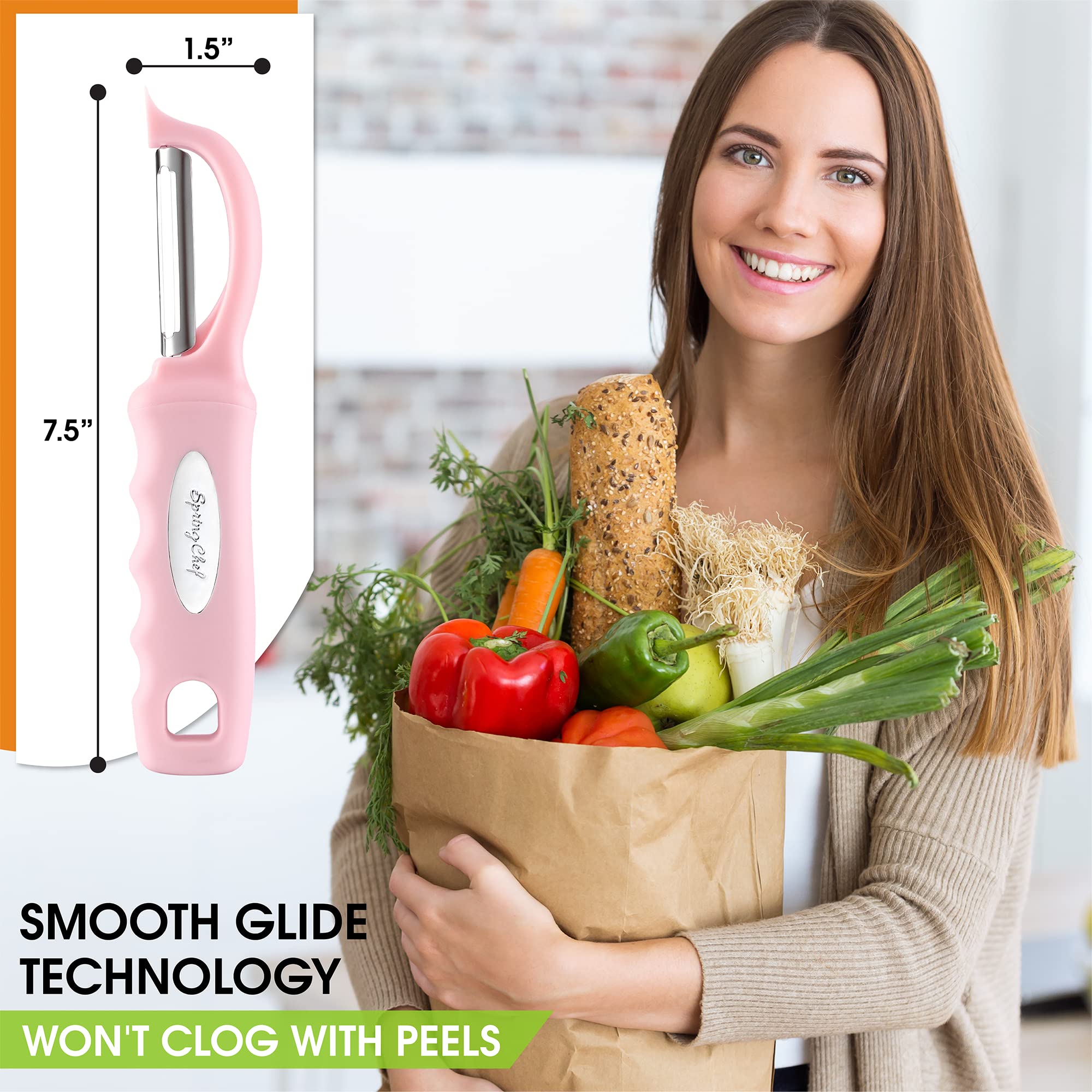 Spring Chef pelador ergonómico con mango rosa limonada, cómodo para uso prolongado.