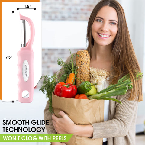 Spring Chef pelador ergonómico con mango rosa limonada, cómodo para uso prolongado.