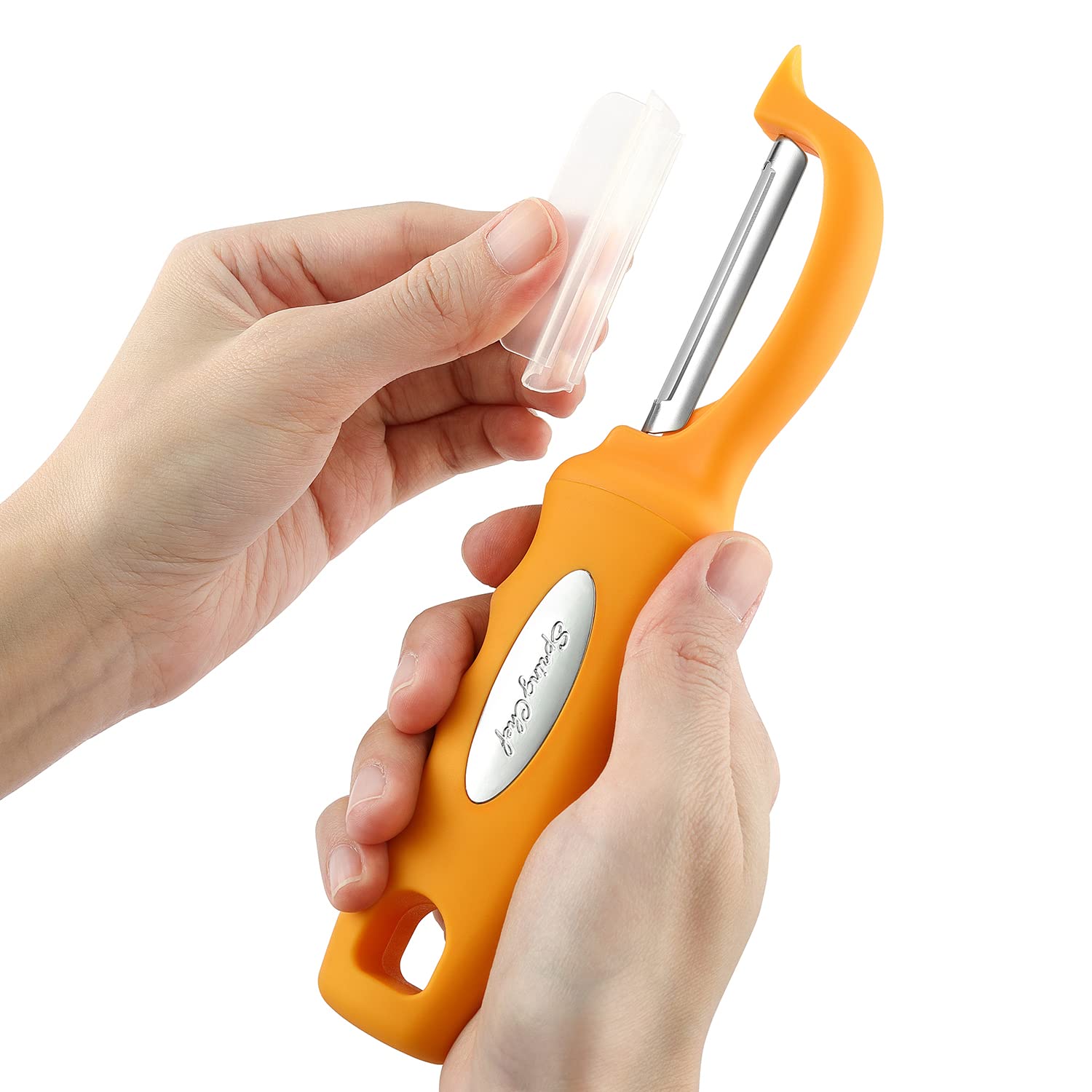 Spring Chef pelador con hueco para colgar para almacenamiento práctico.