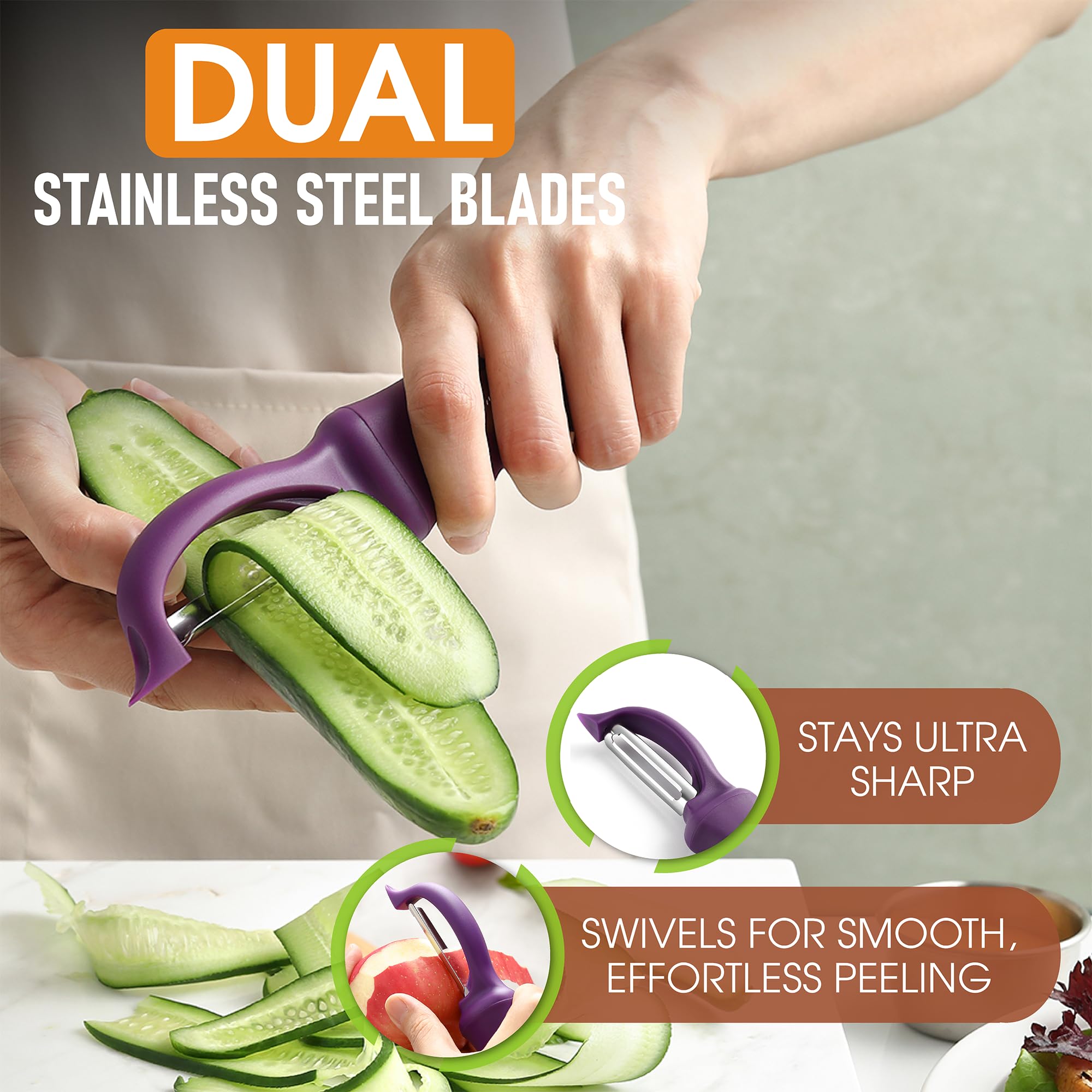 Spring Chef pelador ergonómico morado con mango suave para uso cómodo.