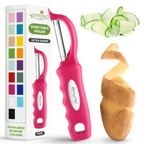 Spring Chef pelador de verduras rosado con manija antideslizante para agarre cómodo.