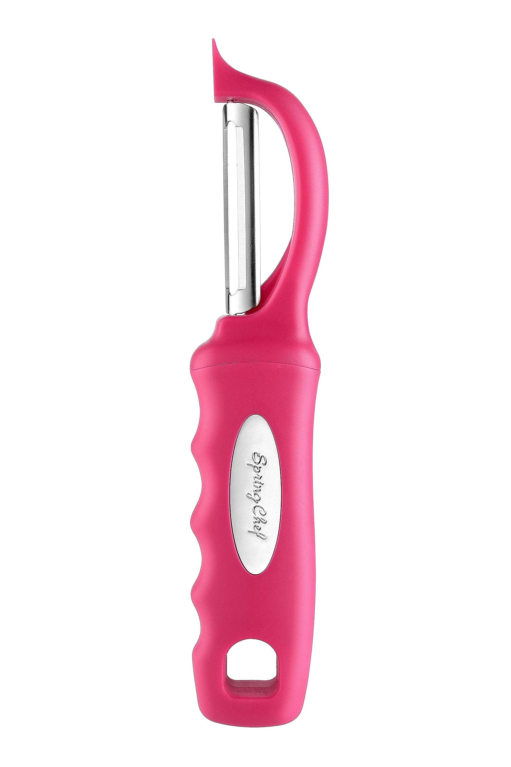 Spring Chef pelador rosado proporciona corte preciso sin perder pulpa excesiva.