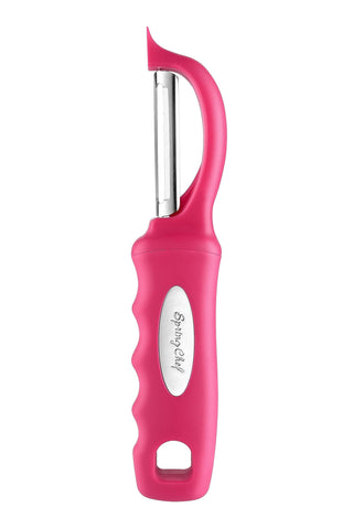 Spring Chef pelador rosado proporciona corte preciso sin perder pulpa excesiva.