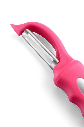 Spring Chef pelador rosado con anilla para colgar, ahorro de espacio.