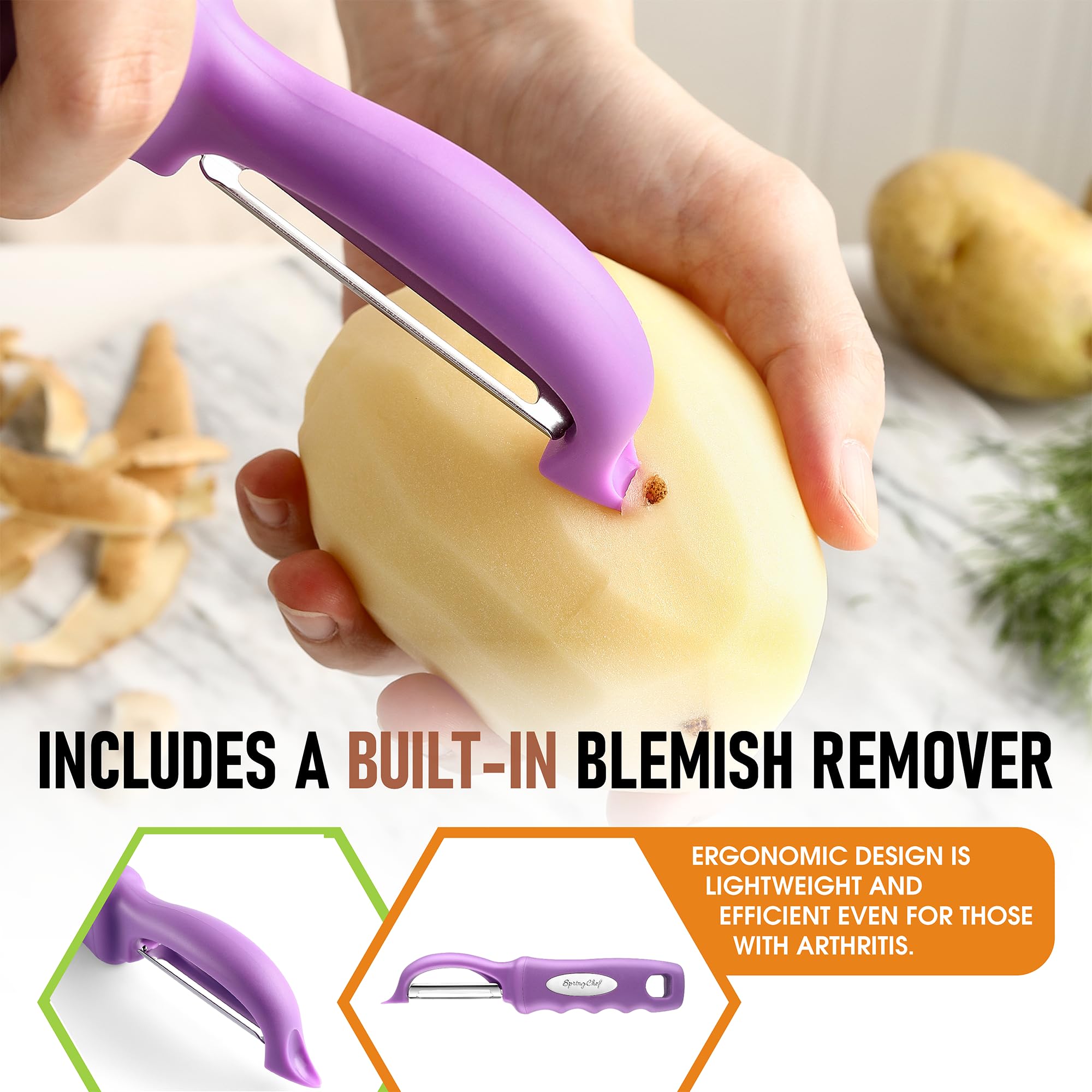 Spring Chef pelador con tecnología de deslizamiento suave para pelar sin atorar