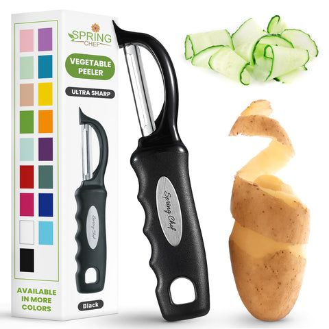 Spring Chef Pelador giratorio premium con hojas dobles afiladas para pelar rápido y preciso.