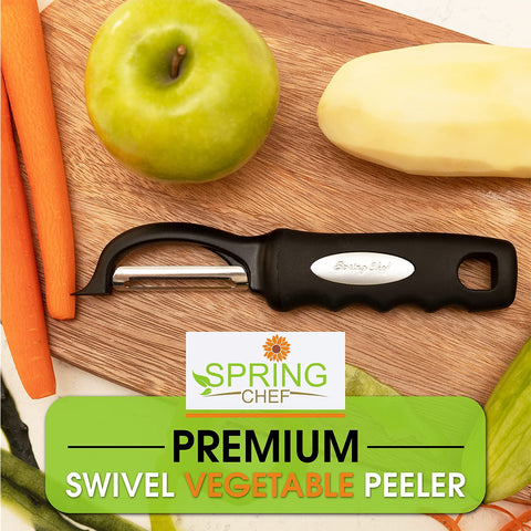 Spring Chef Pelador ergonómico con mango suave para uso cómodo en manos derecha e izquierda.
