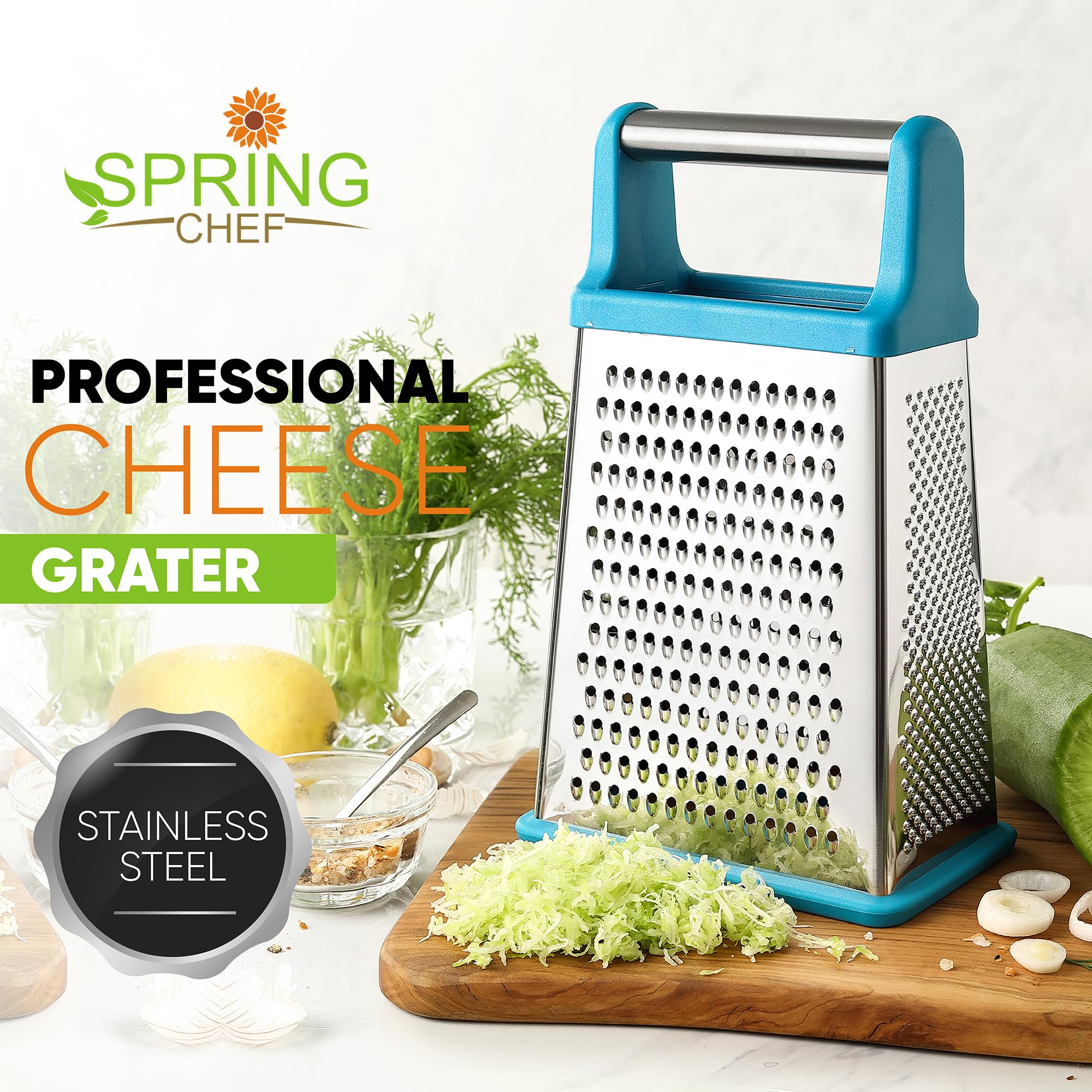 Spring Chef rallador de cuatro caras en la cocina, versátil y cómodo