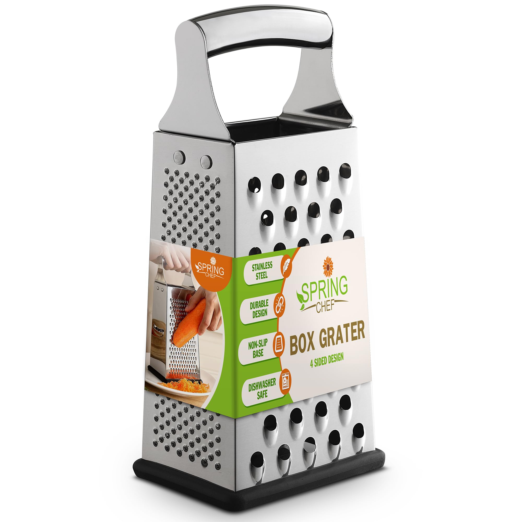 Spring Chef rallador parmesan caja metal 4 caras con mango, rallado fácil y uniforme.