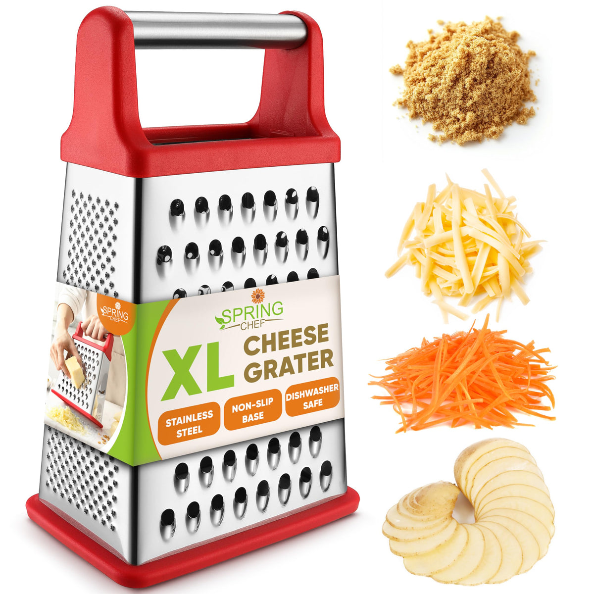Spring Chef rallador queso cuatro lados xl: rallado rápido y homogéneo para parmesano.